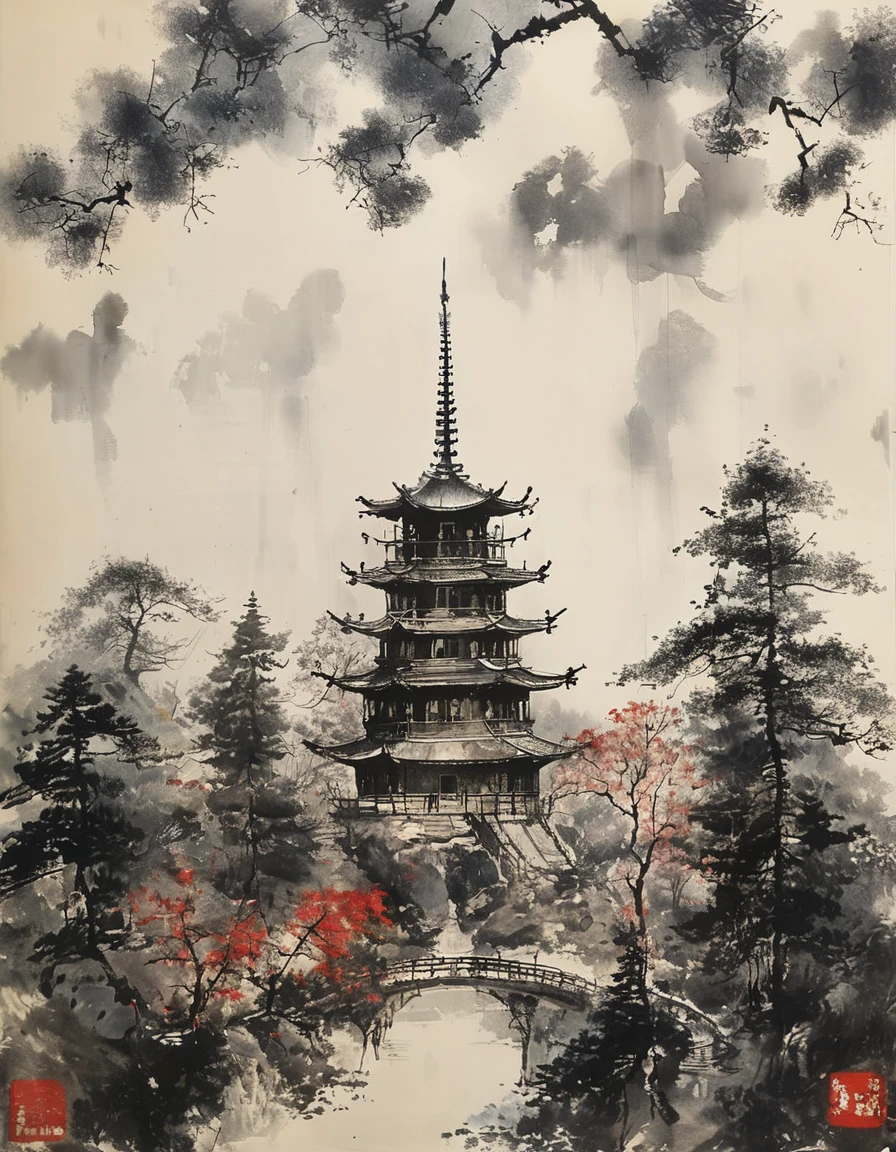 Japanese Ink painting portrait of a Japanese pagoda surrounded by trees