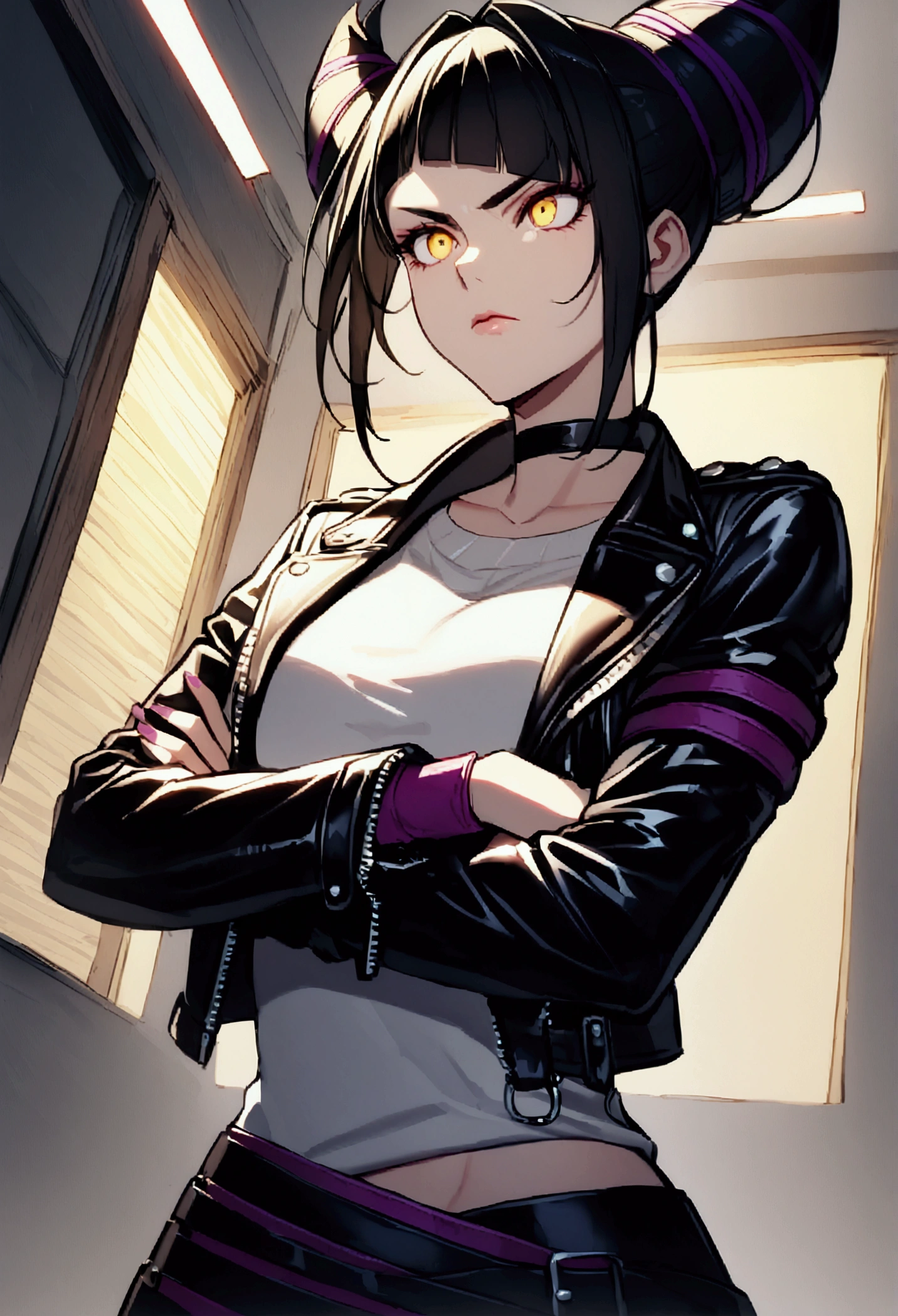 Juri Han,beautiful young warrior , with a very detailed and beautiful face, gorgeous eyes, gorgeous eyes, gorgeous face, beautiful young woman wearing long black leggings with black details, usando leather jacket preta, standing in an office, wearing black boots, horn hair, with black fringe, , sorriso Malignant ,white sweater with strap around, serious look,usando leather jacket preto, leather jacket,staring overhead,yellow lighting, Malignant,crossed arms