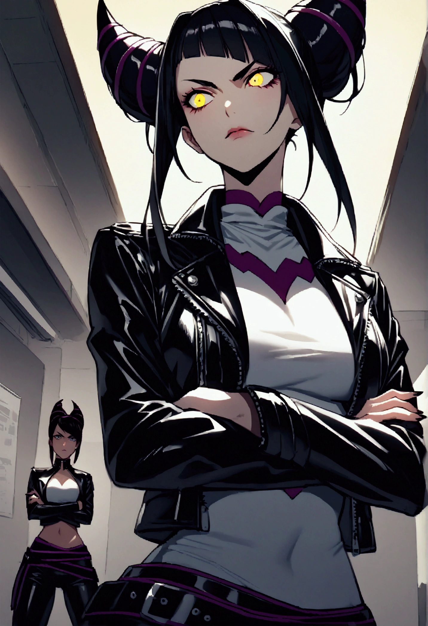 Juri Han,beautiful young warrior , with a very detailed and beautiful face, gorgeous eyes, gorgeous eyes, gorgeous face, beautiful young woman wearing long black leggings with black details, usando leather jacket preta, standing in an office, wearing black boots, horn hair, with black fringe, , sorriso Malignant ,white sweater with strap around, serious look,usando leather jacket preto, leather jacket,staring overhead,yellow lighting,  Malignant,crossed arms
