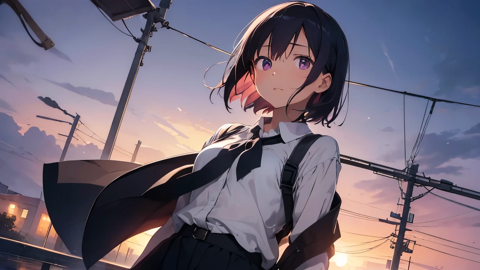 An 18 year old girl, with a serene and composed presence, is in a stressful situation, but his calm is unbreakable. Her short purple hair frames her face., with soft locks that fall over her pink eyes, which radiate an unusual tranquility. His expression is serious and controlled, showing deep concentration. Wear a simple blouse and comfortable pants, reflecting his practical and reserved nature. His posture is relaxed, with her hands together in front of her, projecting an attitude of absolute calm, even in the midst of adversity. (It's night)(night atmosphere)