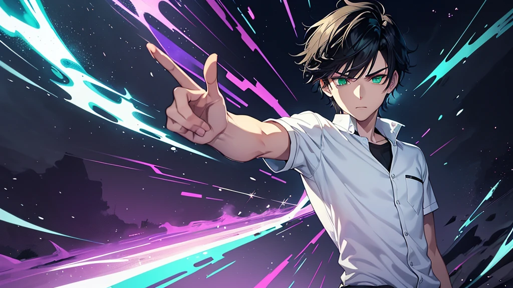 (official art) of a young man, teenager,(rayonism style), wearing a stylish white shirt and a , short black hair, striking (purple eyes), (entire body), ultra-detailed with dynamic lines, showcasing a cinematic atmosphere full of vibrant colors, nuanced lighting, and a cool ambiance. The protagonist looks particularly special, green eyes