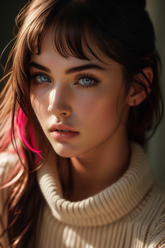 Megan Fox, ultra-detailed eyes, bangs, pink knit sweater, (((masterpiece, ultra-detailed face))).