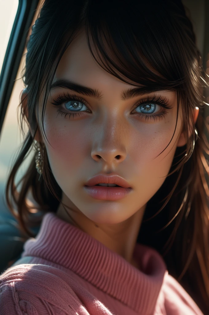 16 years old Megan Fox, ultra-detailed eyes, bangs, pink knit sweater, (((masterpiece, ultra-detailed face))).