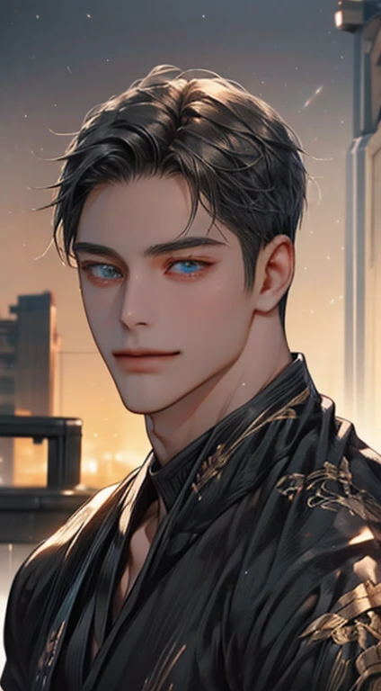 (best quality,4k,8k,highres,masterpiece:1.2),ultra-detailed,(realistic,photorealistic,photo-realistic:1.37),1 man,31 years old,mature man,very handsome,without expression,smile,short grey black hair,blue eyes,penetrating gaze,perfect face without errors,imposing posture,businessman,office background,cinematic lighting,hdr image