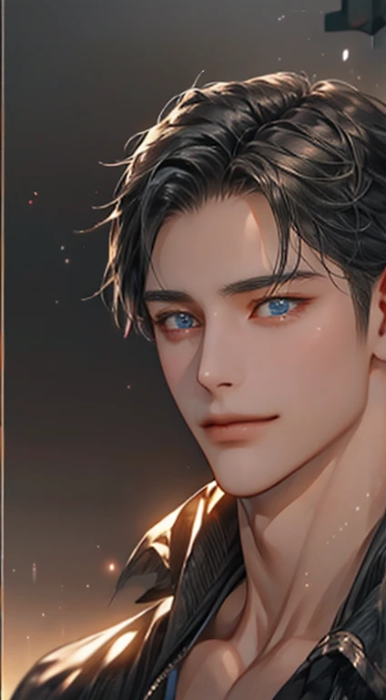 (best quality,4k,8k,highres,masterpiece:1.2),ultra-detailed,(realistic,photorealistic,photo-realistic:1.37),1 man,31 years old,mature man,very handsome,without expression,smile,short grey black hair,blue eyes,penetrating gaze,perfect face without errors,imposing posture,businessman,office background,cinematic lighting,hdr image