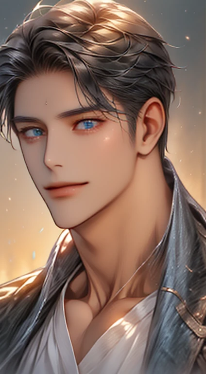(best quality,4k,8k,highres,masterpiece:1.2),ultra-detailed,(realistic,photorealistic,photo-realistic:1.37),1 man,31 years old,mature man,very handsome,without expression,smile,short grey black hair,blue eyes,penetrating gaze,perfect face without errors,imposing posture,businessman,office background,cinematic lighting,hdr image