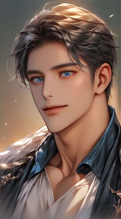 (best quality,4k,8k,highres,masterpiece:1.2),ultra-detailed,(realistic,photorealistic,photo-realistic:1.37),1 man,31 years old,mature man,very handsome,without expression,smile,short grey black hair,blue eyes,penetrating gaze,perfect face without errors,imposing posture,businessman,office background,cinematic lighting,hdr image