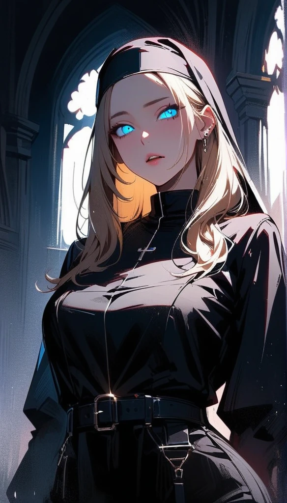 (high quality, 8k, 4K, high contrast, artwork:1.2, high quality, best aesthetics), (centered), ((1 woman)), Creepy smile, erotic, sensual, mature body, super detailed, beautiful face detailed, angry eyes detailed, detailed beautiful mouth, perfect breats, (blonde, long, straight hair), (blue eyes), (shy calm expression), (religious habit), (nun's clothes), (female nun), (standing), (looking at viewer), (piercing gaze), (church), (front view)