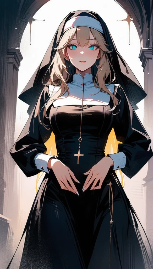 (high quality, 8k, 4K, high contrast, artwork:1.2, high quality, best aesthetics), (centered), ((1 woman)), Creepy smile, erotic, sensual, mature body, super detailed, beautiful face detailed, angry  eyes detailed, detailed beautiful mouth, perfect breats, (blonde, long, straight hair), (blue eyes), (shy calm expression), (religious habit), (nun's clothes), (female nun), (standing), (looking at viewer), (piercing gaze), (church), (front view)