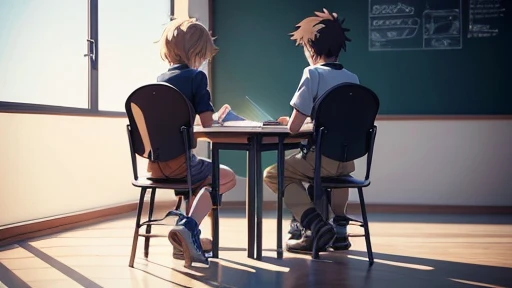 2 male children, The two men, speaking in a classroom, one apologizes to the other, one sitting, the other standing, an anime drawing inspired by Goro Fujita, pixiv, what is?, concept art of a single guy, 3d realistic anime style., in anime style, in an anime style, Detailed anime character art, digital anime illustration, detailed digital anime art, clean and detailed anime style, stylized anime. short hair children, dark, on tables with drawings and pencils on the tables