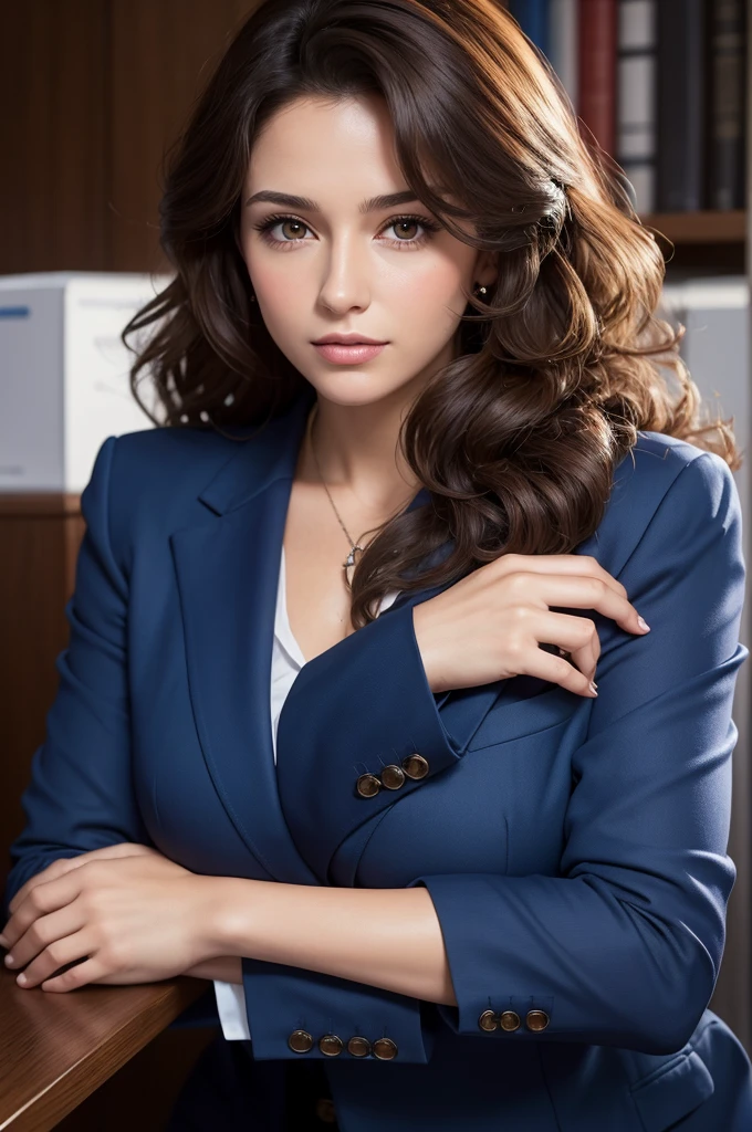 Make a woman happy, professional marketing posture, This woman must be brunette, curly hair, dark brown to the shoulder, dressed in a blue blazer, Brazilian, He must be in his office working, He has his arms crossed, posing for the photo, Ultra realistic photo, 8k quality, FullHD