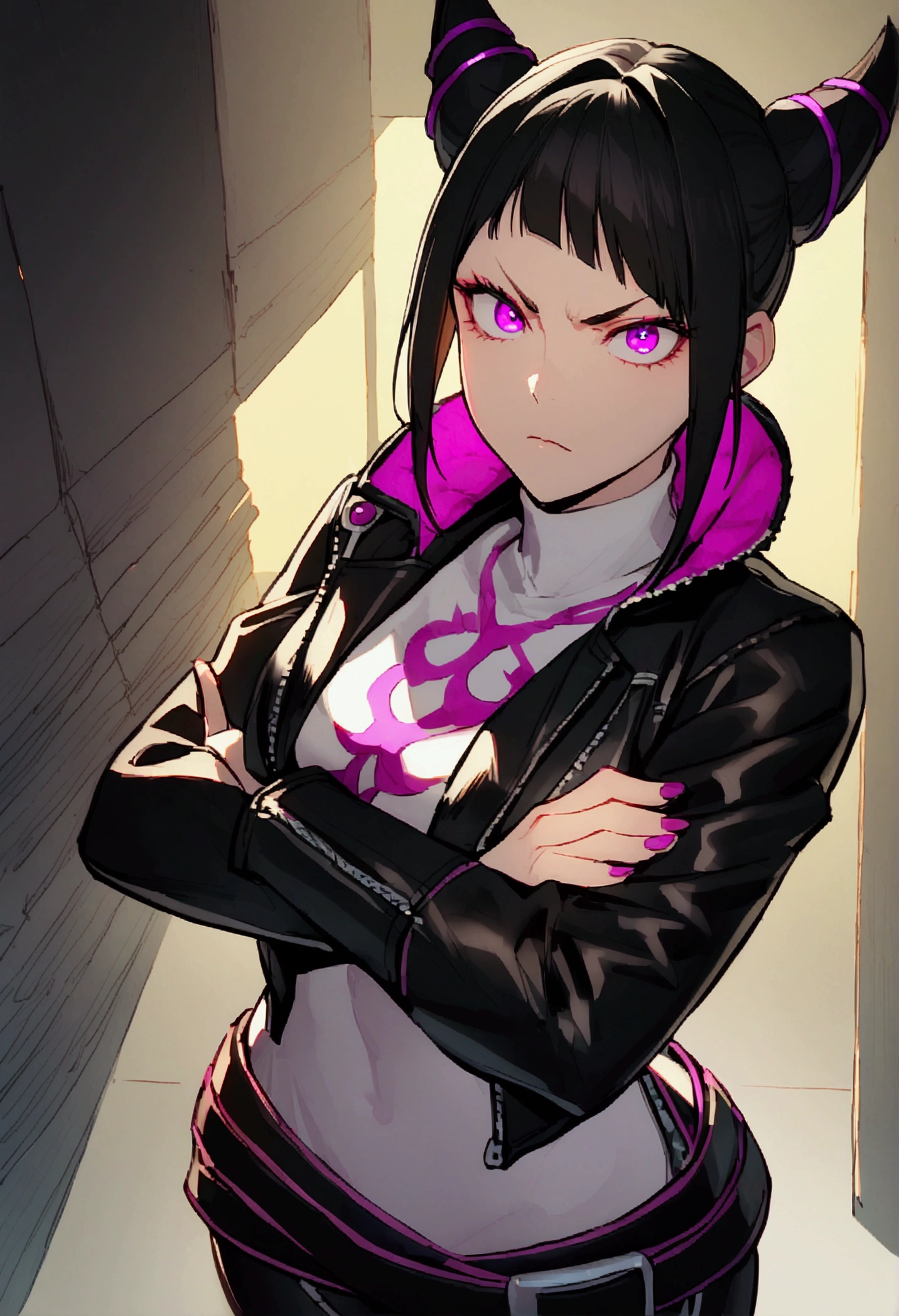 Juri Han,beautiful young warrior , with a very detailed and beautiful face, gorgeous eyes, gorgeous eyes, gorgeous face, beautiful young woman wearing long black leggings with black details, usando leather jacket preta, standing in an office, wearing black boots, horn hair, with black fringe, , sorriso Malignant ,white sweater with strap around, serious look,usando leather jacket preto, leather jacket,staring overhead,yellow lighting, Malignant,crossed arms,glowing purple eyes