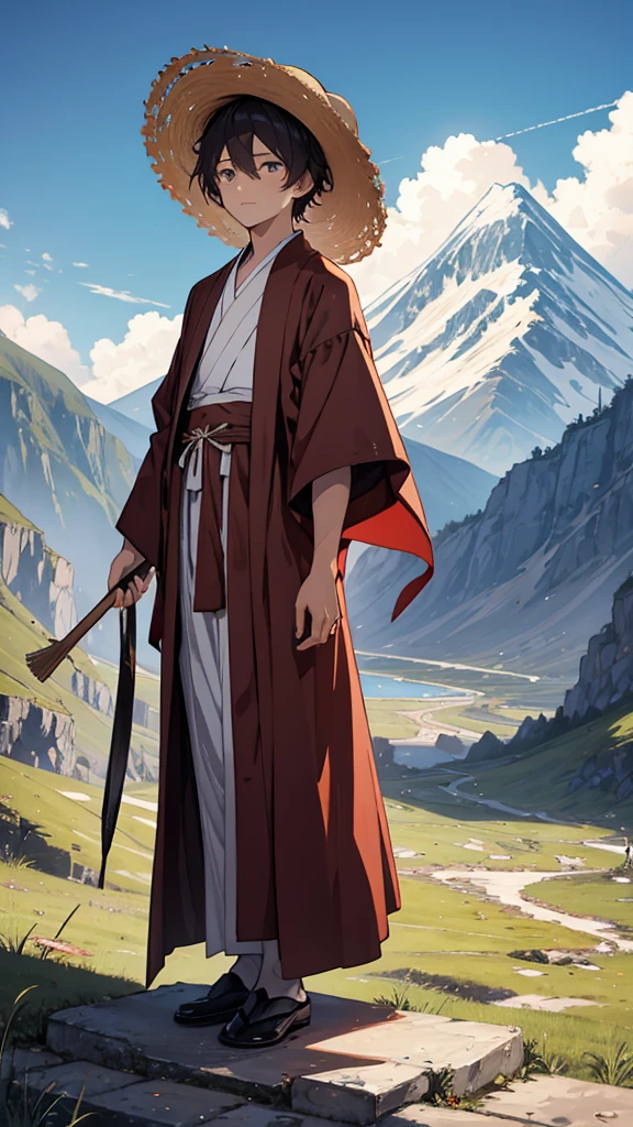 [[[ ultra-detailed, best quality, soft skin, beautiful face, masterpiece, close-up, western medieval setting, anime]]] monk robes, straw hat, 1boy, dirty robes,  Japanese monk, mountain background, standing up 