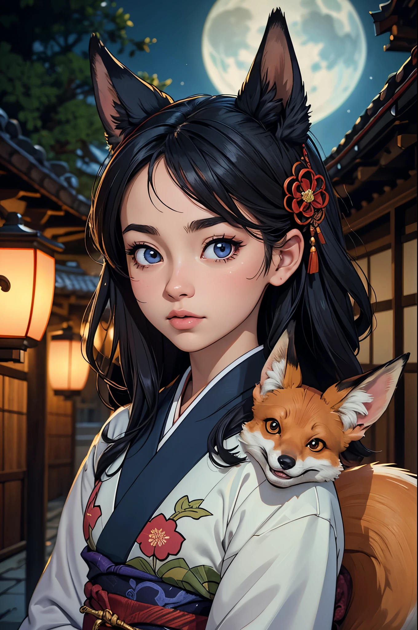 realistic, analog photo, Masterpiece, RAW photo, full-length portrait, hyper realistic, ultra detailed image, Kizune, (mythical Creature of Japanese Mythology And Folklore), detailed portrait of anthropomorphic she-fox, with fox tail, in traditional japan garden, moonlight, little spotlight, fractal, cover, detailed background, depth of field, HOF, hall of fame, detailed beautiful eyes, detailed beautiful face, natural body posture, lifelike skin texture, kodak portra 400, 16k, ultra detailed, bokeh lighting, dark fantasy atmospheric, fantasy aura, film grain, cinematic light, cinematic composition, depth of field, rim light