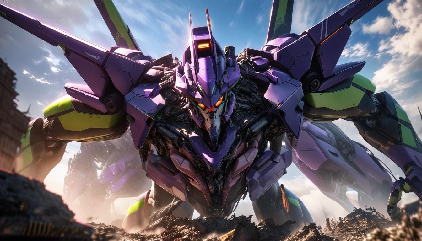 ((eva 01), evagod:1.1), evagenlion, Concept Design, sci-fic character design, SCIENCE FICTION, giant robot, advanced metal and Ceramic Mecha, Accurate EVA 01 head details, high-tech, huge android, (outdoors, sky, clouds), global illumination, rim light, octane rendering, ray tracing, 4k, Best quality, masterpiece, high res, highly detailed, scientific anatomy, carbon fiber, titanium alloy, hyperrealistic, anatomical, beautiful Tokyo-3 background, CG, unity, wallpaper, Futurism, epic sense, doomsday, sci-fi fighter, giant machinery, correct perspective, 