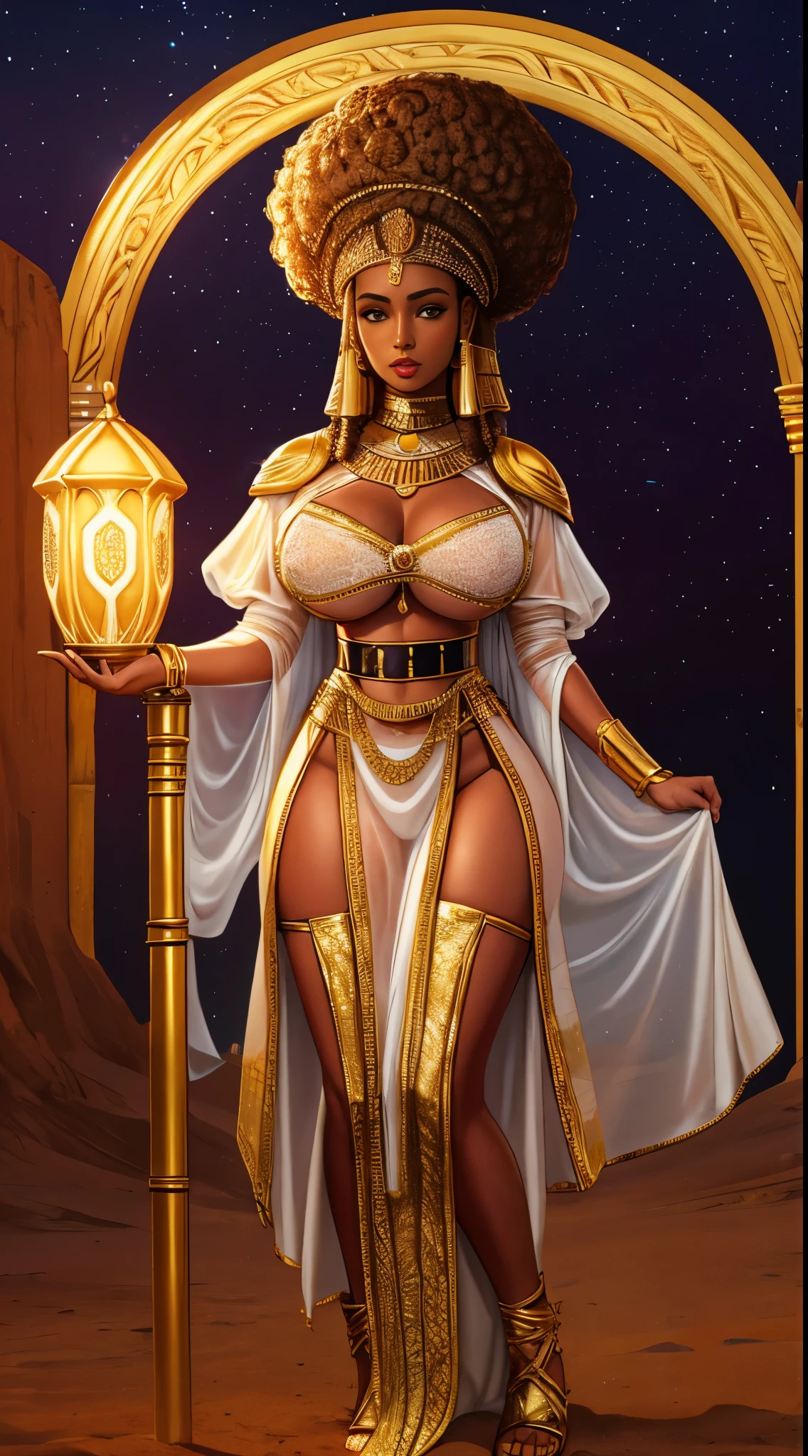 nubian woman, afro, dark skin, transparent white dress, desert at night, gold trim, golden belt, 

there is a woman standing in front of a arch, stunning african princess, black african princess, african queen, afro futurism, afrofuturistic, african princess, afro futuristic, african domme mistress, warm glow from the lights, dark skin, afro, transparent white robe, pubic hair, afro, see-through,

nipples, 


