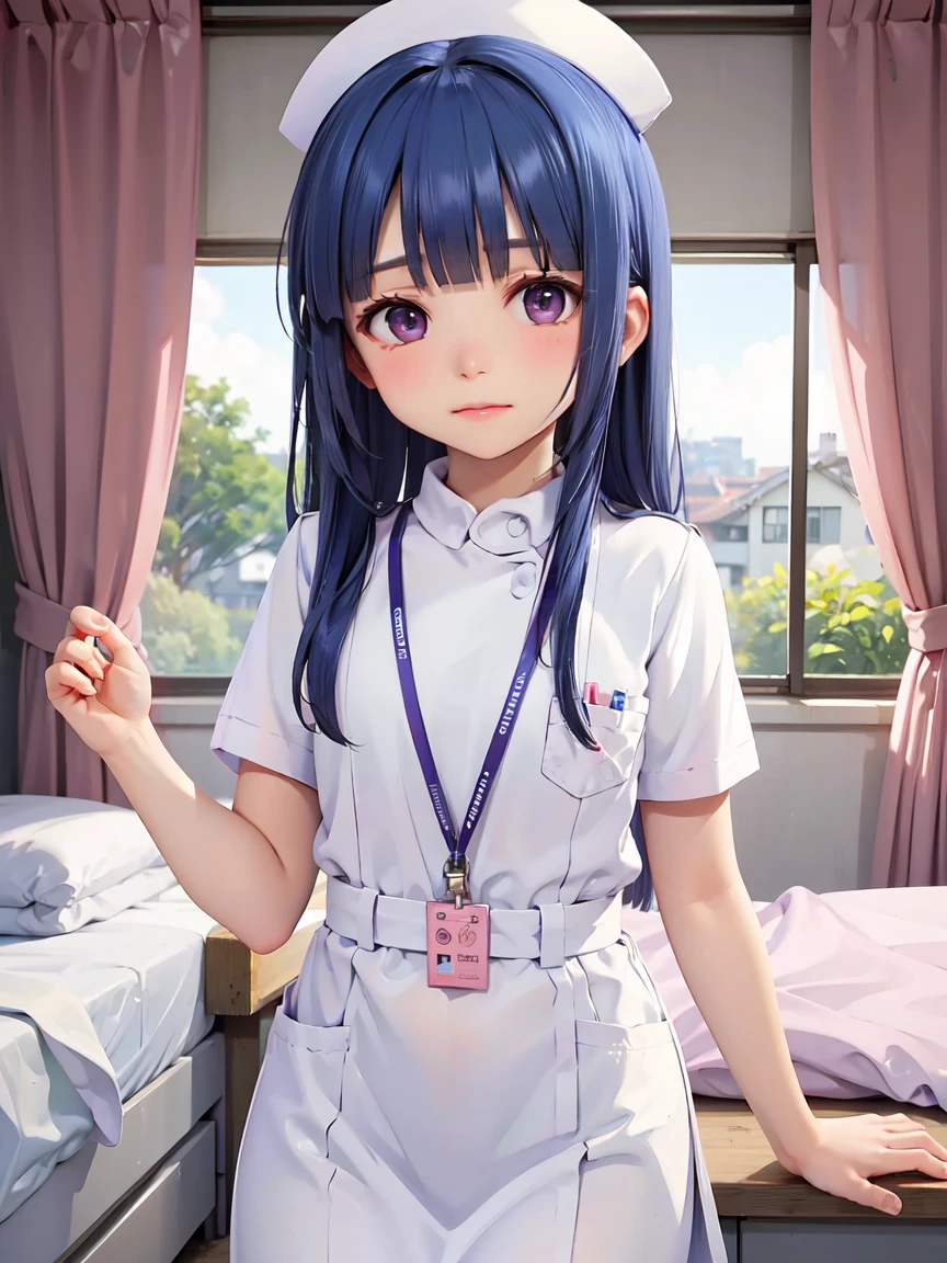 nurse uniform, nurse cap, Long skirt, nurse, White costume, girl, alone, (Rika Furude), Blue Hair, Purple eyes, Long Hair, blunt bangs, bangs, 11 years old, 