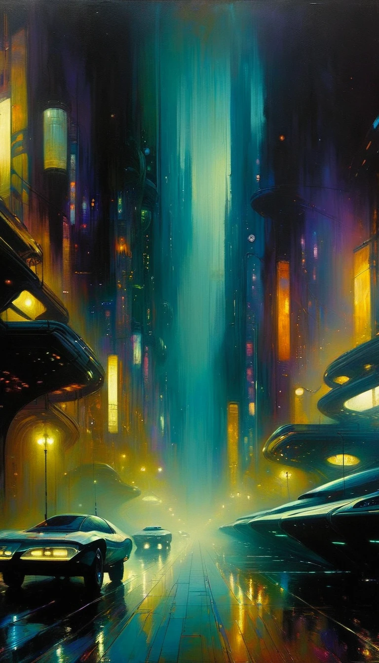 futuristic world: 1.5, surrealism, impressionism, oil painting, chiaroscuro, sensual, dramatic lighting, moody atmosphere, art inspired by Bill Sienkiewicz