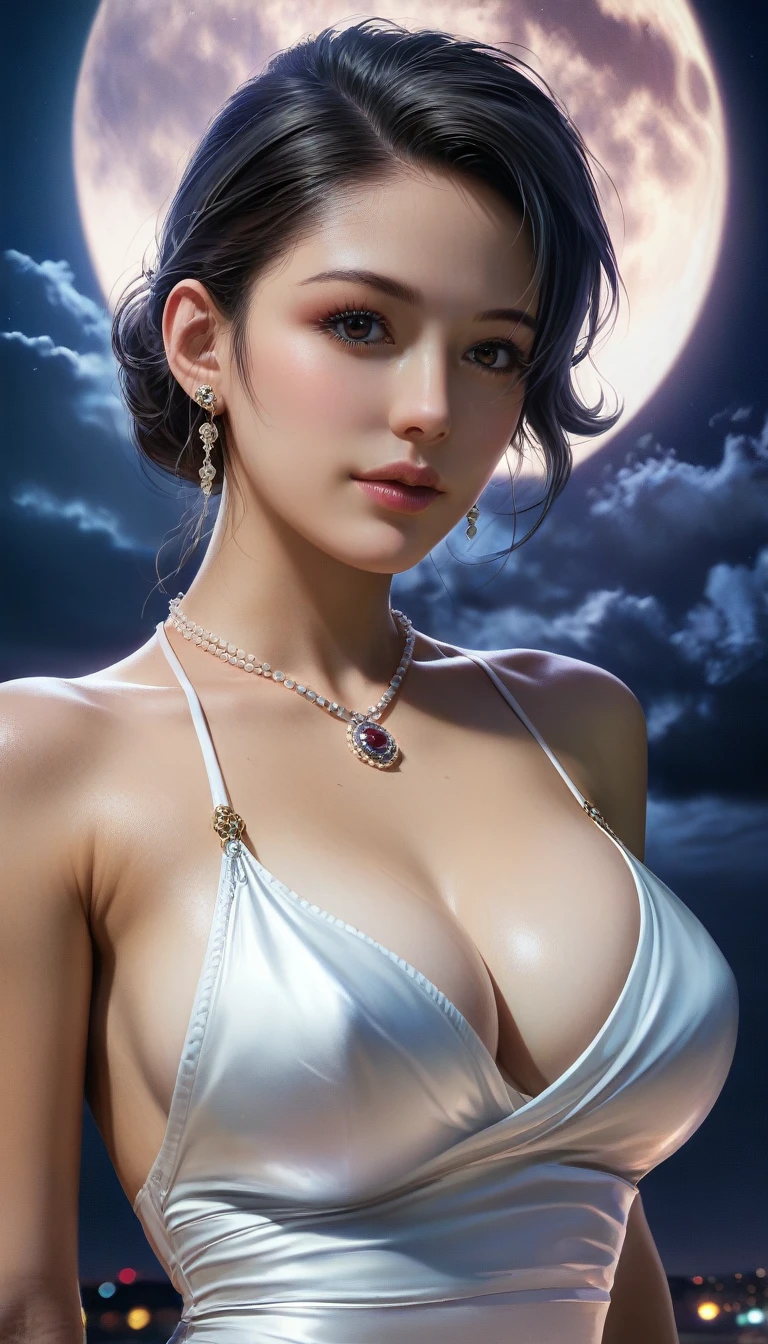 score_9, score_8_superior, score_7_superior, A masterpiece in 32K resolution,Highest quality,it is really amazing,Very detailed,Ultra-high resolution,(Ultra-realistic:1.5),(Realistic:1.5),Increased depth of field,Cinematic lighting,
Elegant Japanese MILF,
Long black hair,Ultra-detailed and beautiful face,Mysterious look,Translucent white skin,Realistic skin texture,
(Sexy Swimwear:1.1),
Bold design,Artistic design,Beautiful and detailed pattern,Detailed fabric texture,
Gorgeous necklace,Earrings,
Coastline at night,(Giant Moon:1.4),(Dark clouds floating in the dark night sky:1.4),
(Dramatic Angle:1.4),