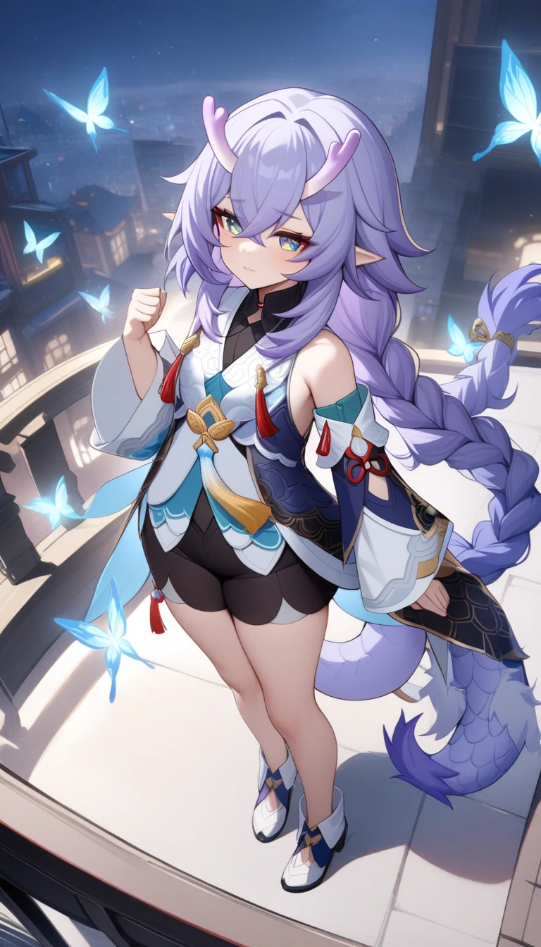 (Masterpiece), (Best quality), (Ultra detailed), bailu, front look, view the viewer, one dragon tail, Two horns, Upper body, Flowers, Flowing colors, Cloudy sky,bailudef,gigantic cleavage breasts,semi-bare,Sexy big ass,Fiddling with sexy ass,Expose sexy breasts,The kinky is exposed ,Protruding anteriorly and posteriorly