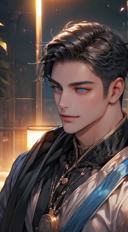 (best quality,4k,8k,highres,masterpiece:1.2),ultra-detailed,(realistic,photorealistic,photo-realistic:1.37),1 man,31 years old,mature man,very handsome,without expression,smile,short grey black hair,blue eyes,penetrating gaze,perfect face without errors,imposing posture,businessman,office background,cinematic lighting,hdr image