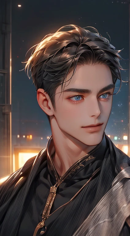 (best quality,4k,8k,highres,masterpiece:1.2),ultra-detailed,(realistic,photorealistic,photo-realistic:1.37),1 man,31 years old,mature man,very handsome,without expression,smile,short grey black hair,blue eyes,penetrating gaze,perfect face without errors,imposing posture,businessman,office background,cinematic lighting,hdr image