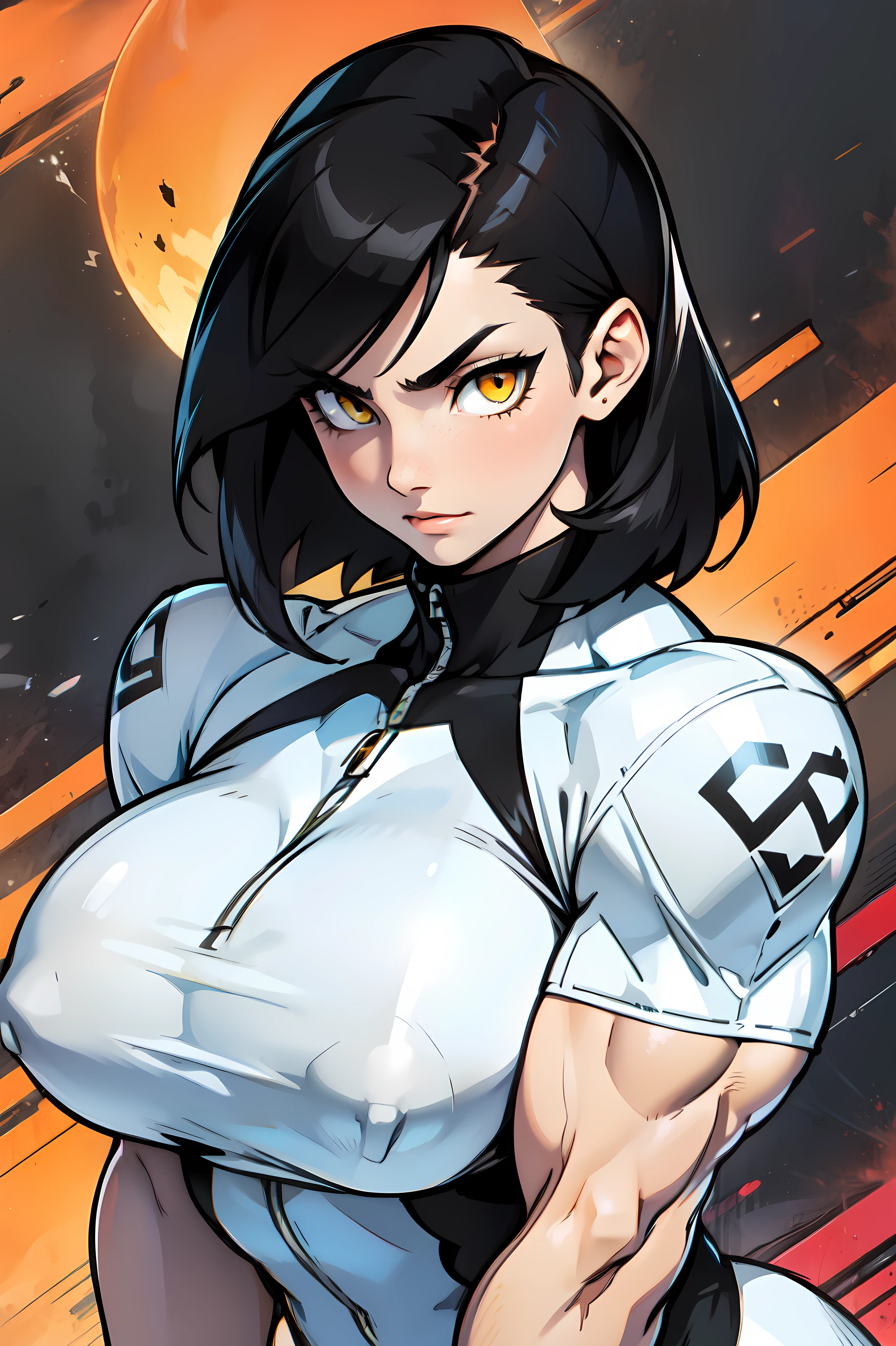 girl muscles large breasts black hair yellow eyes