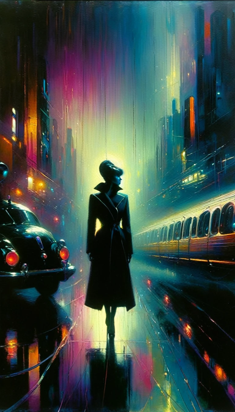 futuristic world: 1.5, surrealism, impressionism, oil painting, chiaroscuro, sensual, dramatic lighting, moody atmosphere, art inspired by Bill Sienkiewicz