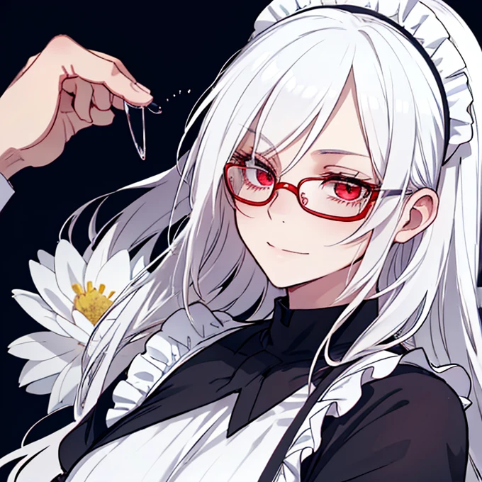 woman 1, white hair, A strong look in his eyes, Wear glasses, red eyes, big breasts, sleeping on flowers, Wear a tight maid outfit., Cold expression, Not smiling, long hair, Let go of my hair., Dressing focuses on the face., very detailed, 8K wallpaper, glare, Ray Tracing, realistic
