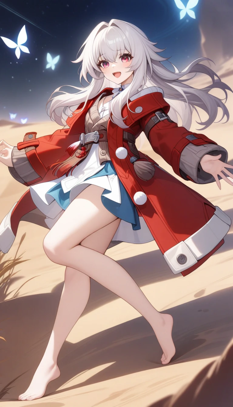 masterpiece, best quality, very aesthetic, absurdres, 1girl, mature_lady,,1girl, clara \(honkai: star rail\), honkai: star rail, long hair, white hair, long sleeves, jacket, red eyes, red jacket, hair between eyes, grey hair, barefoot, open mouth,in desert,luminous butterflies, fluttering butterflies,front view