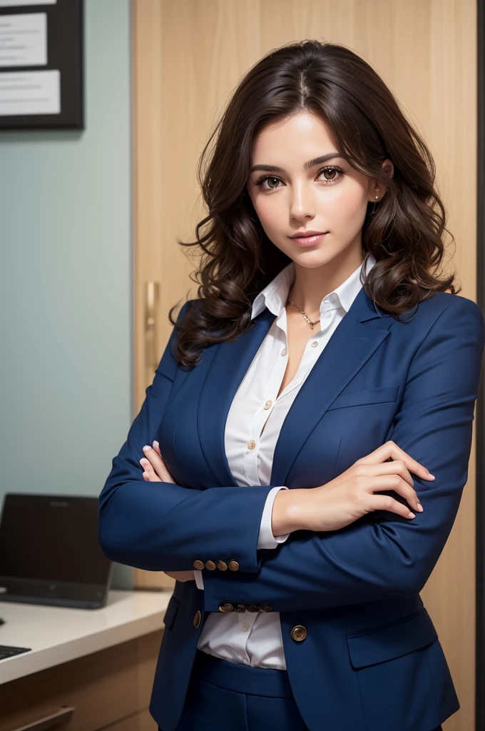 Make a woman happy, professional marketing posture, This woman must be brunette, curly hair, dark brown to the shoulder, dressed in a blue blazer, Brazilian, He must be in his office working, He has his arms crossed, posing for the photo, Ultra realistic photo, 8k quality, FullHD