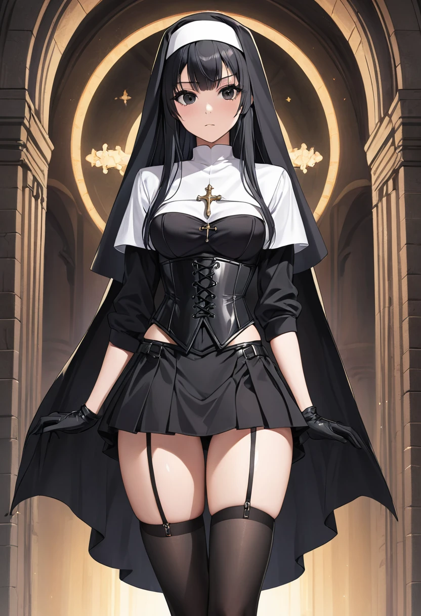 Black miniskirt , black shoes , nun's clothes , whole body , thighs , black hair , black eyes , straight hair , stockings , face , Black gloves , standing posture , corset , close up