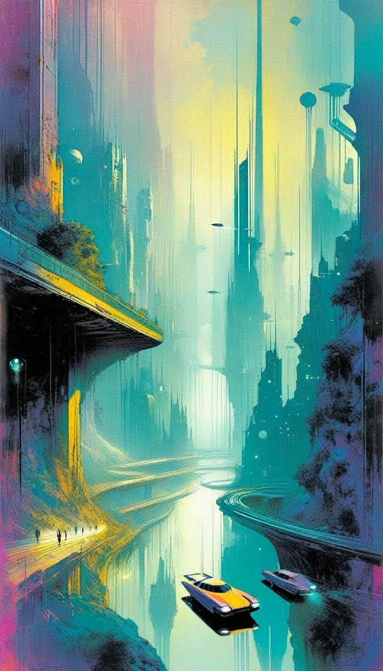 futuristic world: 1.5, surrealism, impressionism, art inspired by Bill Sienkiewicz
