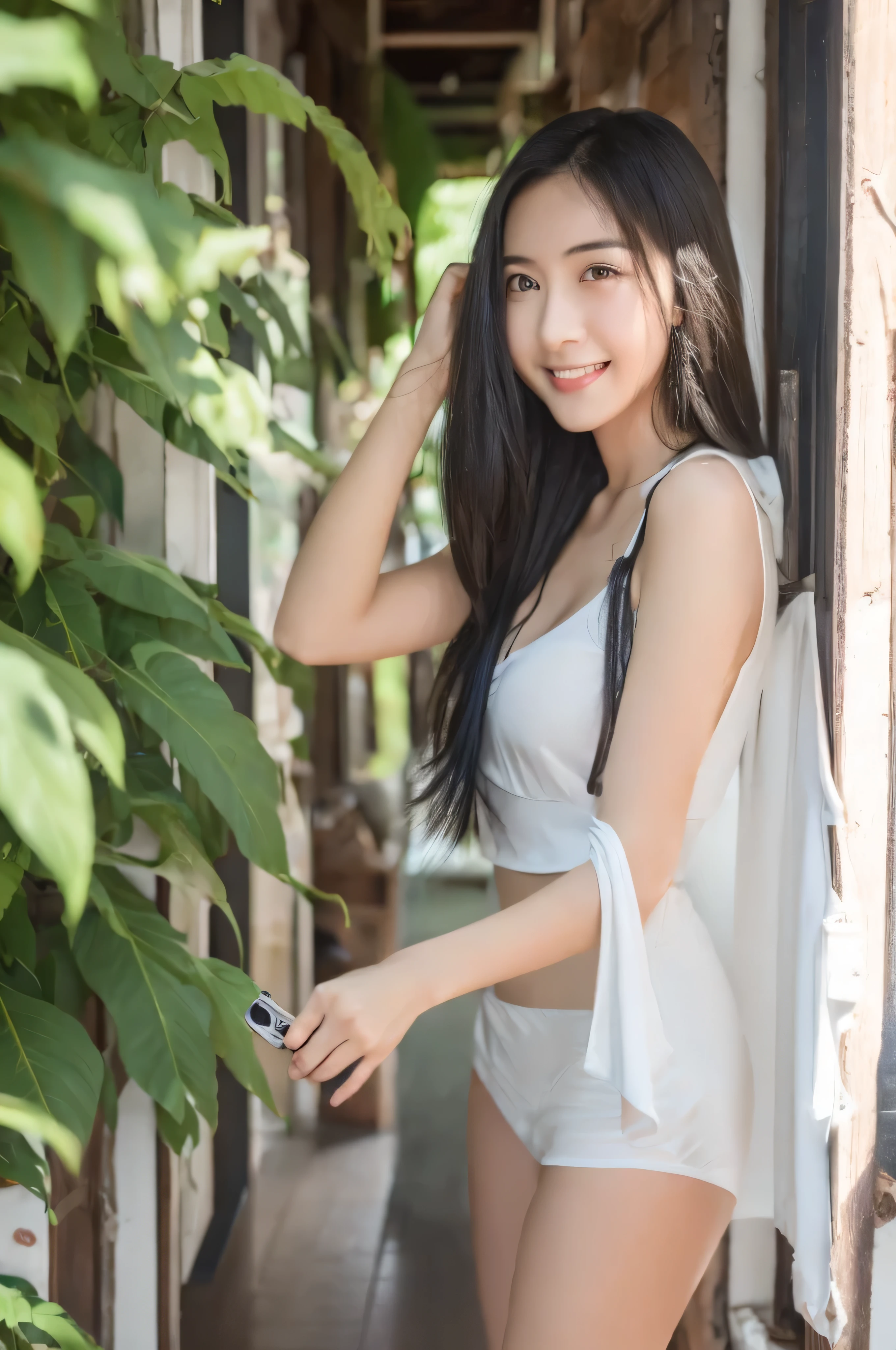 a wite asiatique girl, big chest, white clothes, taking a selfie, she hold the camera in her hand, no blurring, plan eloignée de la camera, full body view,