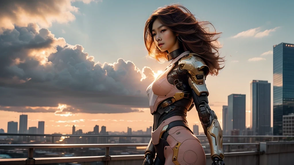 make her face more a beautiful asian supermodel, make her head proportion a little bit smaller, proportion of taller woman, make her hair more longer, change the hair color soft pink matched her armor body
