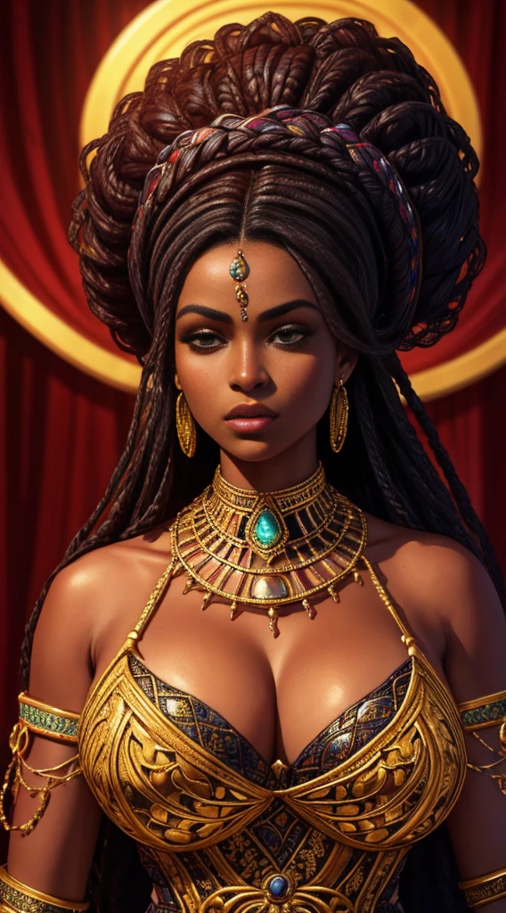 a beautiful african princess, 1girl, black skin, regal flowing dress, afrofuturistic, afro hairstyle, intricate jewelry, mysterious expression, dramatic lighting, vibrant colors, otherworldly background, powerful presence, (best quality,8k,highres,masterpiece:1.2),ultra-detailed,(realistic,photorealistic,photo-realistic:1.37),dramatic lighting,cinematic composition,cinematic lighting,highly detailed skin,intricate jewelry,flowing fabric