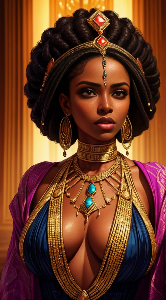 a beautiful african princess, 1girl, black skin, regal flowing dress, afrofuturistic, afro hairstyle, intricate jewelry, mysterious expression, dramatic lighting, vibrant colors, otherworldly background, powerful presence, (best quality,8k,highres,masterpiece:1.2),ultra-detailed,(realistic,photorealistic,photo-realistic:1.37),dramatic lighting,cinematic composition,cinematic lighting,highly detailed skin,intricate jewelry,flowing fabric