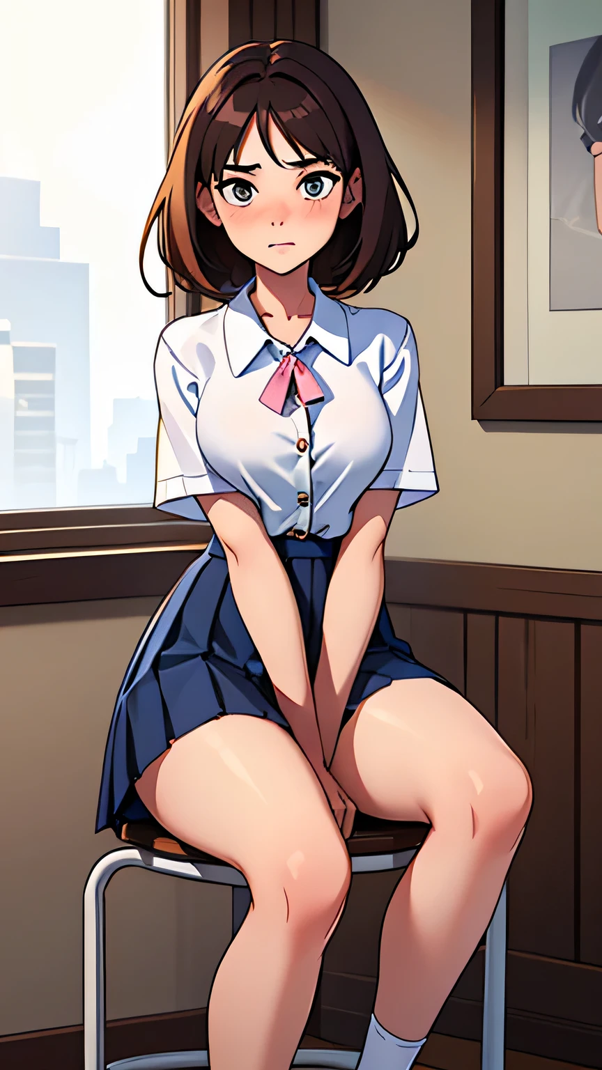 ((best qualityer)), ((work of art)), (detailded), face perfect, class room, sitting on the chair, slender 14 year old ager, (((sitting down))), (((legs together, Knee flexion))), ((((plain white shirt with buttons)))), (((dark blue pleated skirt))), (((plain pink panties))), (((peak of the raised skirt))), (((skinny thighs))), (((Waist slender))), ((surprise:1.4)), ((blushful:1.3)), chestnut hair, hypdertailed