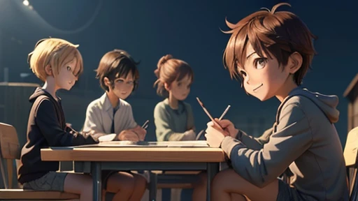 Group of kids on a playground playing and smiling, an anime drawing inspired by Goro Fujita, pixiv, what is?, concept art of a single guy, 3d realistic anime style., in anime style, in an anime style, Detailed anime character art, digital anime illustration, detailed digital anime art, clean and detailed anime style, stylized anime. short hair children, dark, on tables with drawings and pencils on the tables