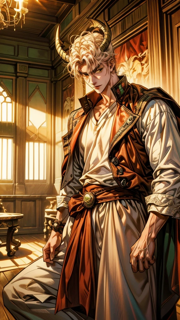 (absurdres, highres, ultra detailed) Ryota Miyagi, 1 male, handsome, tall muscular guy, very short hair, 2 white horns, ram horns, green eyes, curly hair, light hair with a reddish tint, best light and shadow, background is hell looking at viewer, solo, (full body:0.8), white shirt like a prince, dynamic composition, mystical western demon atmosphere