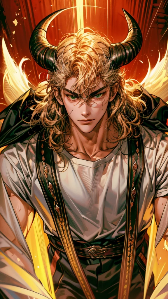 (absurdres, highres, ultra detailed) Ryota Miyagi, 1 male, handsome, tall muscular guy, very short hair, 2 white horns, ram horns, green eyes, curly hair, light hair with a reddish tint, best light and shadow, background is hell looking at viewer, solo, (full body:0.8), white shirt like a prince, dynamic composition, mystical western demon atmosphere