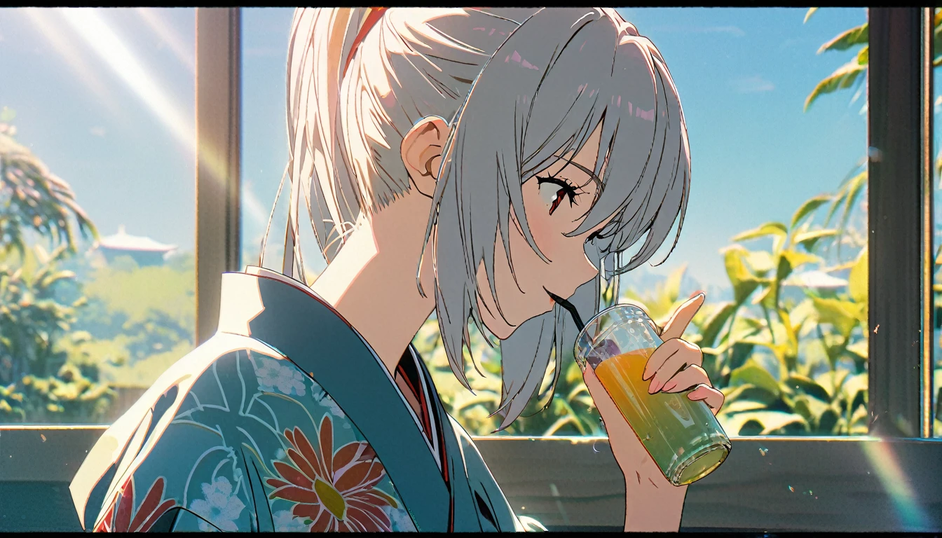 1 girl, Ayanami, Evangelion, 8K, best quality, gentle smile, japanese cloth, looking out the window, more details,Drinking juice, summer, cool style, bright colors,sunlight