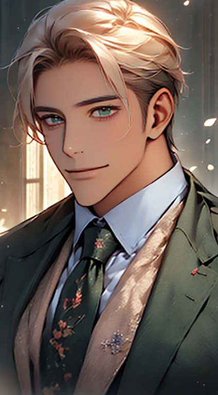 (Highest quality,4K,8K,High resolution,masterpiece:1.2),Super detailed,(Realistic,photoRealistic,photo-Realistic:1.37),1 person,34 years old,Mature Men,Beautiful skin、very handsome,Expressionless smile in love,Short white hair,green eyes,Sharp Eyes,A perfect face without a doubt,Businessman, CEO, Office Background,Cinema Lighting,HDR image,tie、