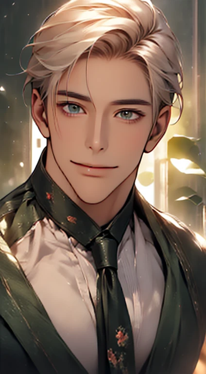 (Highest quality,4K,8K,High resolution,masterpiece:1.2),Super detailed,(Realistic,photoRealistic,photo-Realistic:1.37),1 person,34 years old,Mature Men,Beautiful skin、very handsome,Expressionless smile in love,Short white hair,green eyes,Sharp Eyes,A perfect face without a doubt,Businessman, CEO, Office Background,Cinema Lighting,HDR image,tie、