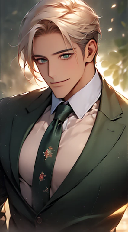 (Highest quality,4K,8K,High resolution,masterpiece:1.2),Super detailed,(Realistic,photoRealistic,photo-Realistic:1.37),1 person,34 years old,Mature Men,Beautiful skin、very handsome,Expressionless smile in love,Short white hair,green eyes,Sharp Eyes,A perfect face without a doubt,Businessman, CEO, Office Background,Cinema Lighting,HDR image,tie、