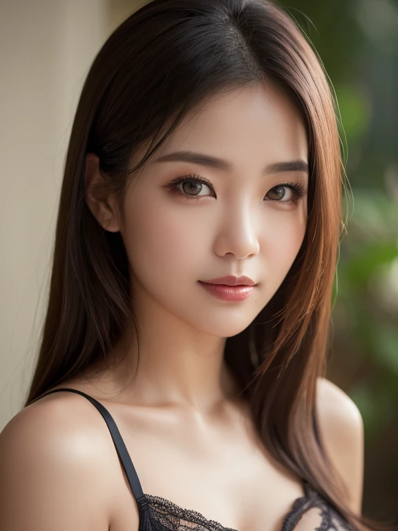 ((Realistic lighting, Best quality, 8K, Masterpiece: 1.3)), ((flat chest)), Clear focus: 1.2, Photo of a mature Thailand woman, realistic:2.2 ,33 years in all, young MILF, Perfect Figure: 1.4, long hair, big breasts, looking at viewer, blonde hair, bare shoulders, brown eyes, off shoulder, half-opened minimalist green lingerie , lips, realistic, nose, sexy, flirting with camera, sexy lacy lingerie, frontal view , smirking