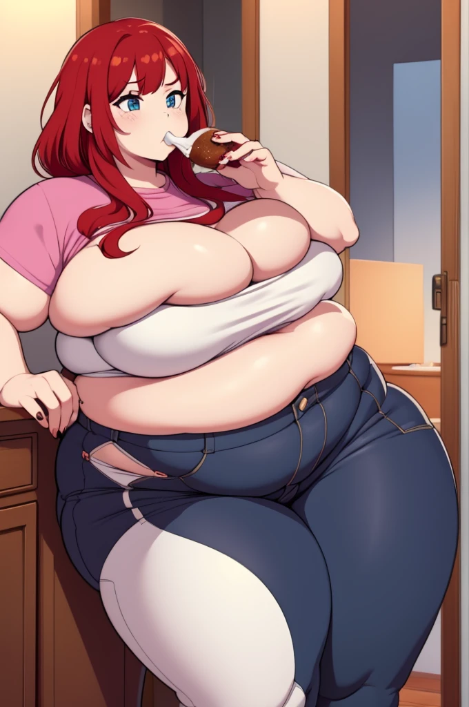make redhaired ssbbw fat big belly obese girl in too tight clothes at home and she's eating too much food from the kitchen
