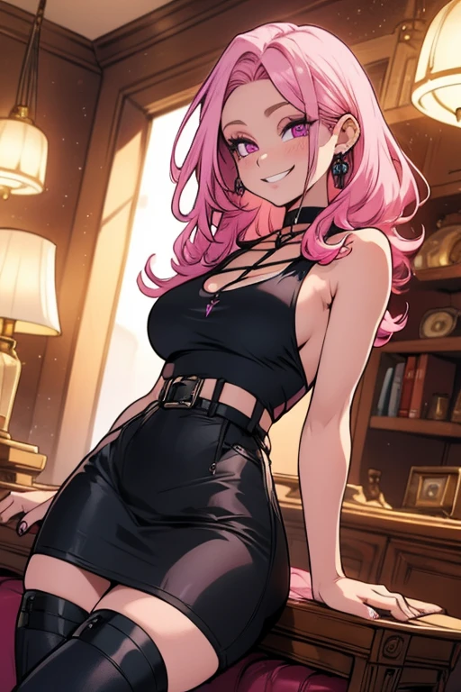 Perfect face. Perfect hands. A pink haired woman with violet eyes and an hourglass figures in a leather skirt and tank top is writing in a gothic living room with a big smile