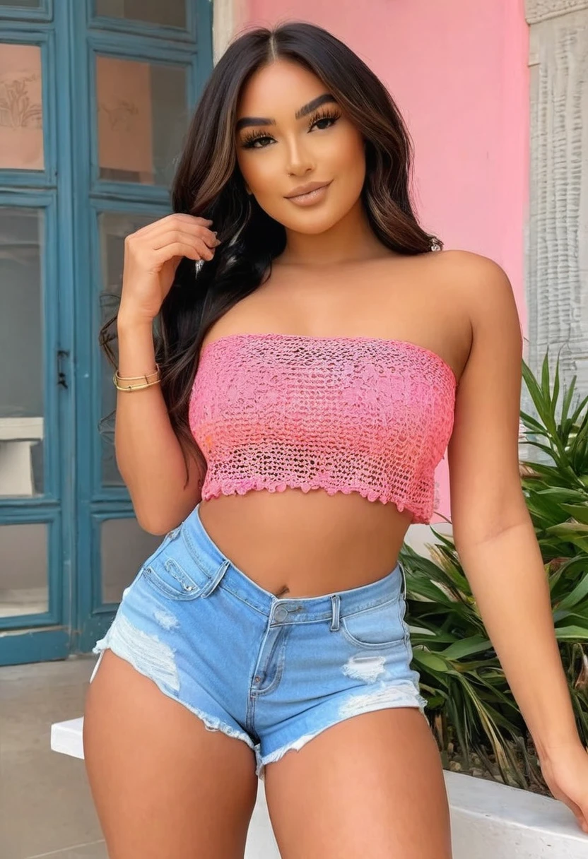 ((Best resolution)), ((high quality:1.2)), Work of art, 8k, extremely detailed, ((High detail:1.2)), (HotLexi woman), Solo, 24 years old Brazilian female, (mini-shorts, crop strapless), (beautiful defined square model face:1.23),