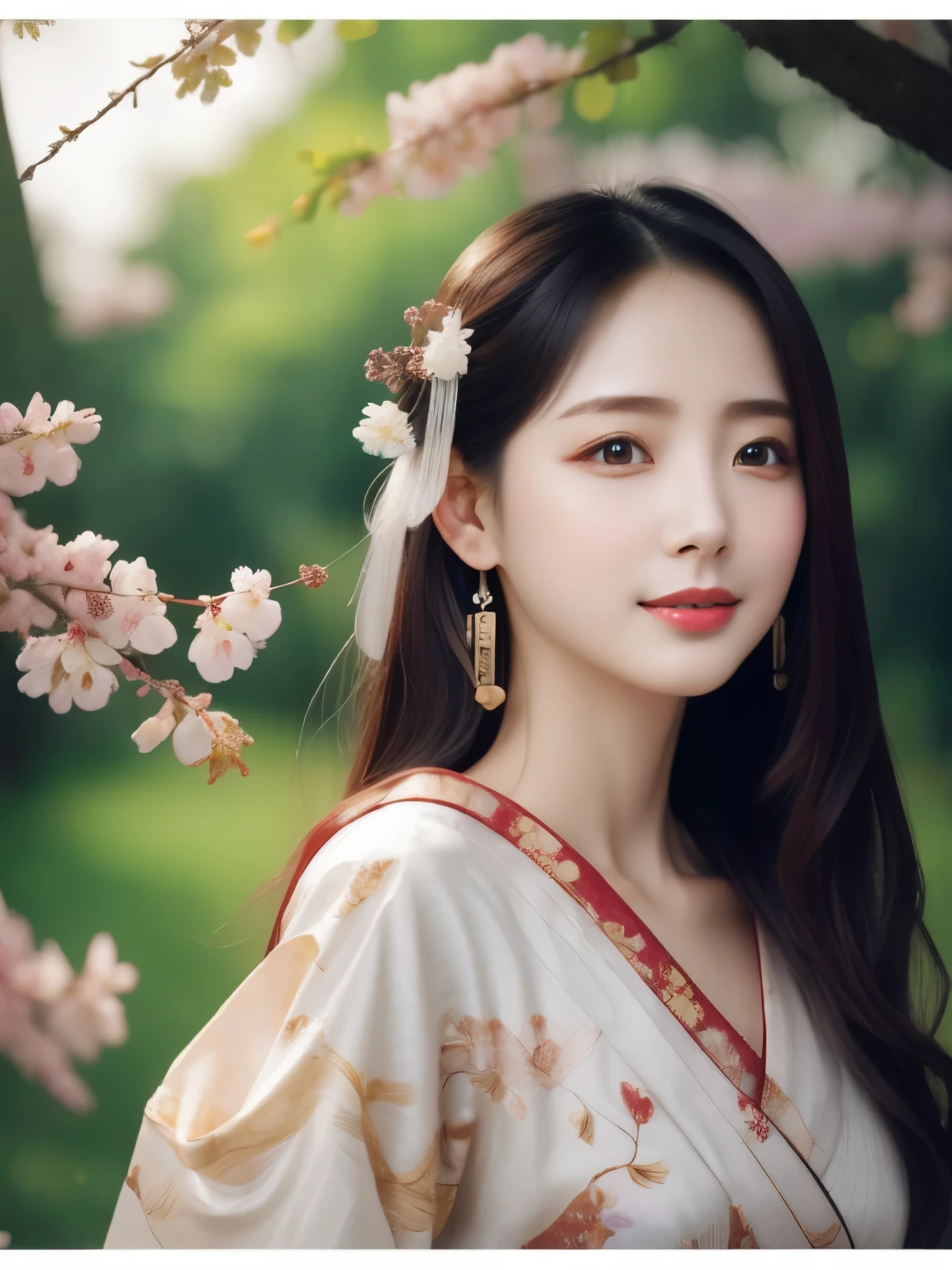 ((photorealistic:1.3)),((ultra detailed)),((sharp:1.5)),1girl, solo, cherry blossom, hanami, white flower, white flower, spring season, wisteria, petals, flower, plum blossoms, outdoors, falling petals, black eyes, from left side, white kimono, purple hairsumi,(hanfu), starlight hair,hair down,full body,((traditional chinese fan in the hand)),((left shoulder)),